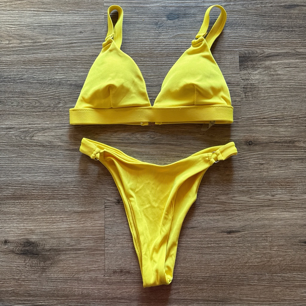 Shein Bright Yellow Ribbed Triangle Bikini Set